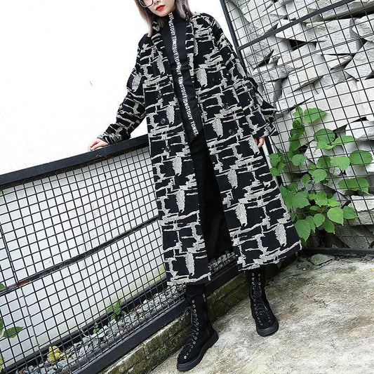 2019 black print Coat plus size lapel patchwork Coat Fine asymmetrical design coat - SooLinen