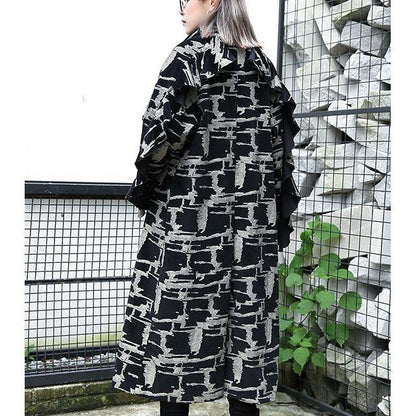 2019 black print Coat plus size lapel patchwork Coat Fine asymmetrical design coat - SooLinen