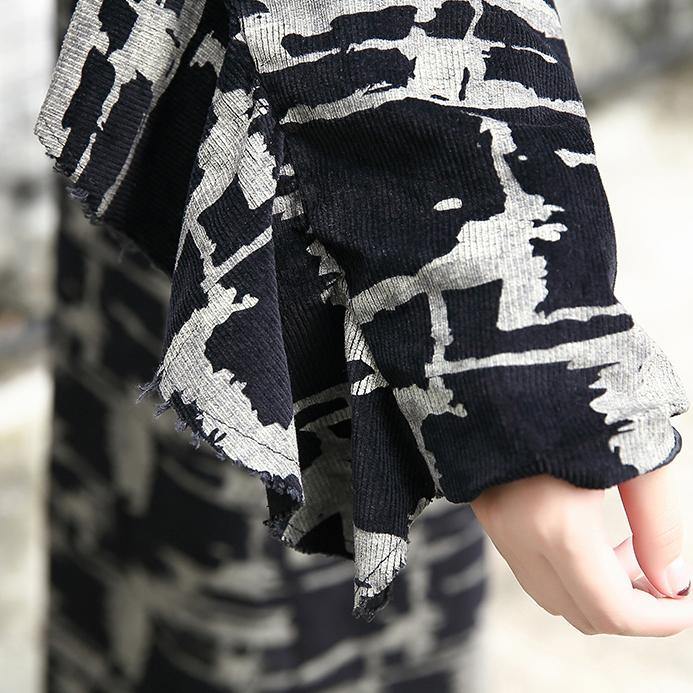 2019 black print Coat plus size lapel patchwork Coat Fine asymmetrical design coat - SooLinen