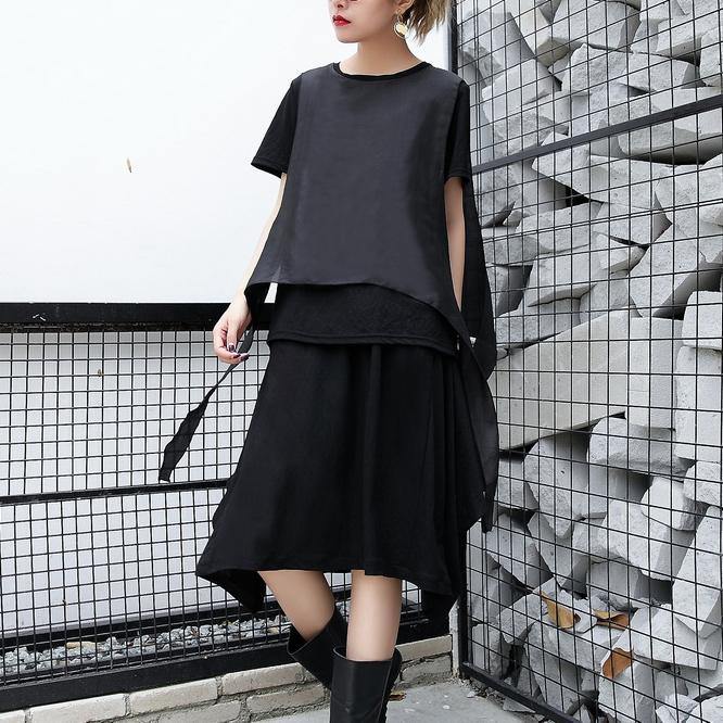 2019 black pure linen tops plus size traveling clothing casual patchwork faux two pieces tops - SooLinen