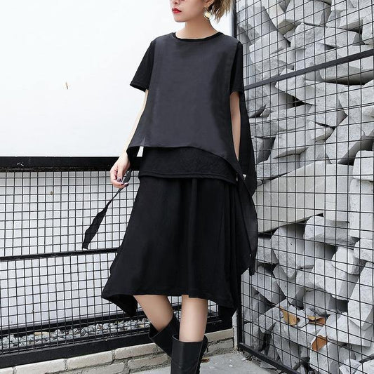 2019 black pure linen tops plus size traveling clothing casual patchwork faux two pieces tops - SooLinen
