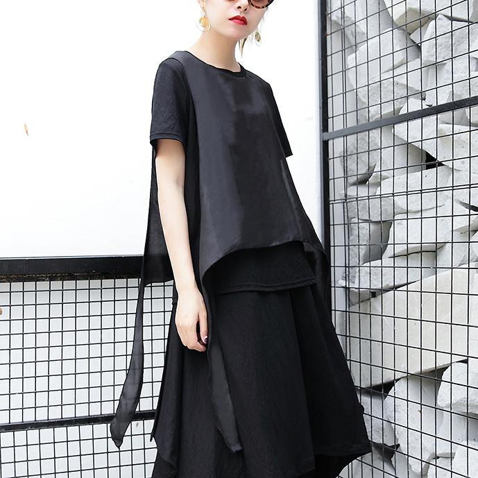 2019 black pure linen tops plus size traveling clothing casual patchwork faux two pieces tops - SooLinen