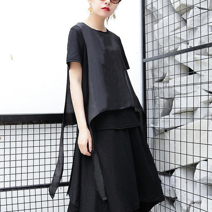 2019 black pure linen tops plus size traveling clothing casual patchwork faux two pieces tops - SooLinen