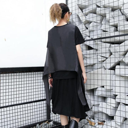2019 black pure linen tops plus size traveling clothing casual patchwork faux two pieces tops - SooLinen