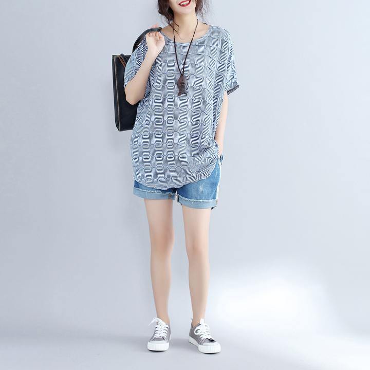 2019 blue cotton topscasual traveling blouseNew o neck striped brief t shirt - SooLinen