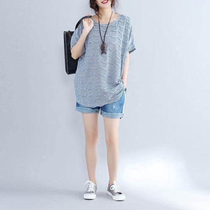 2019 blue cotton topscasual traveling blouseNew o neck striped brief t shirt - SooLinen