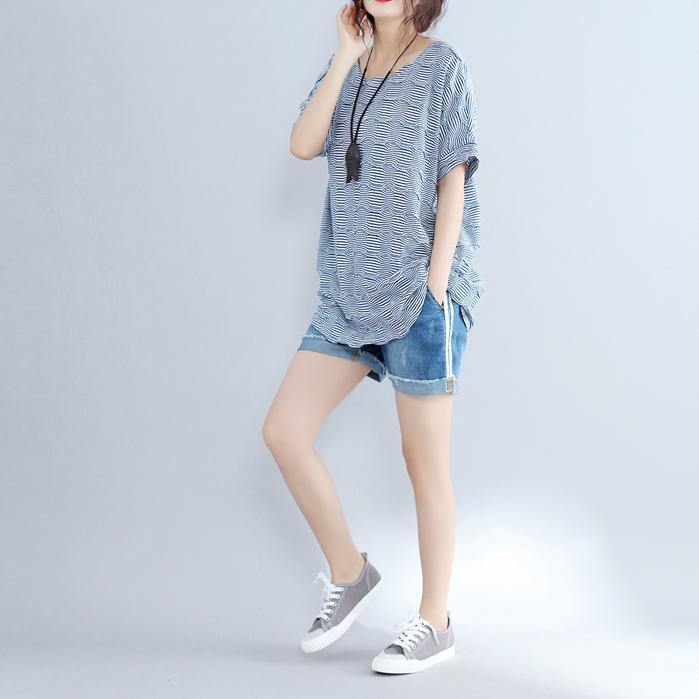 2019 blue cotton topscasual traveling blouseNew o neck striped brief t shirt - SooLinen