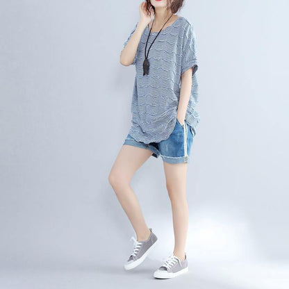 2019 blue cotton topscasual traveling blouseNew o neck striped brief t shirt - SooLinen