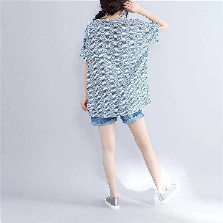 2019 blue cotton topscasual traveling blouseNew o neck striped brief t shirt - SooLinen