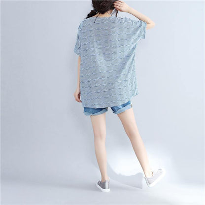 2019 blue cotton topscasual traveling blouseNew o neck striped brief t shirt - SooLinen