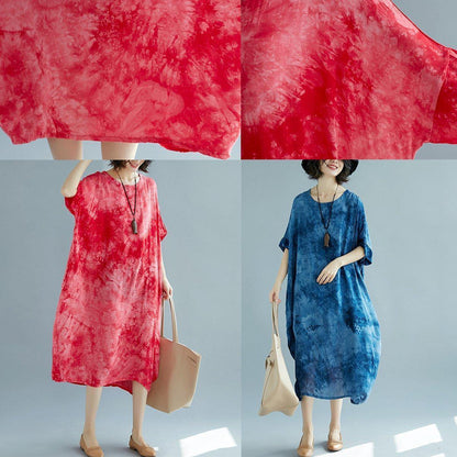 2019 blue long linen dress plus size O neck floral linen clothing dresses casual short sleeve baggy dresses linen caftans - SooLinen