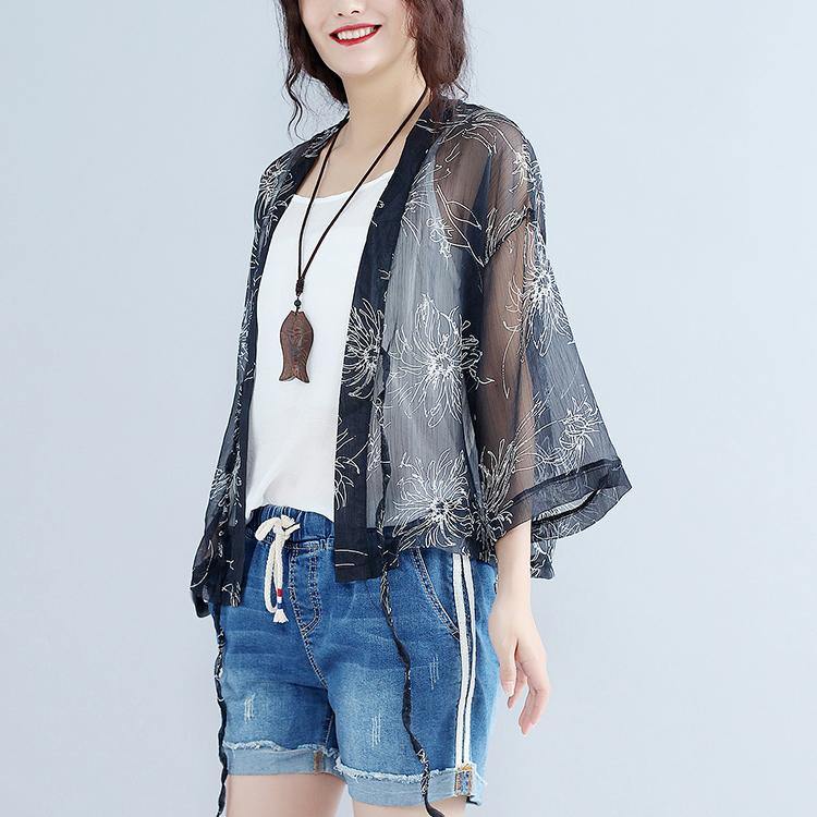 2019 casual gray prints silk cardigans oversize long sleeve tie bust tops - SooLinen