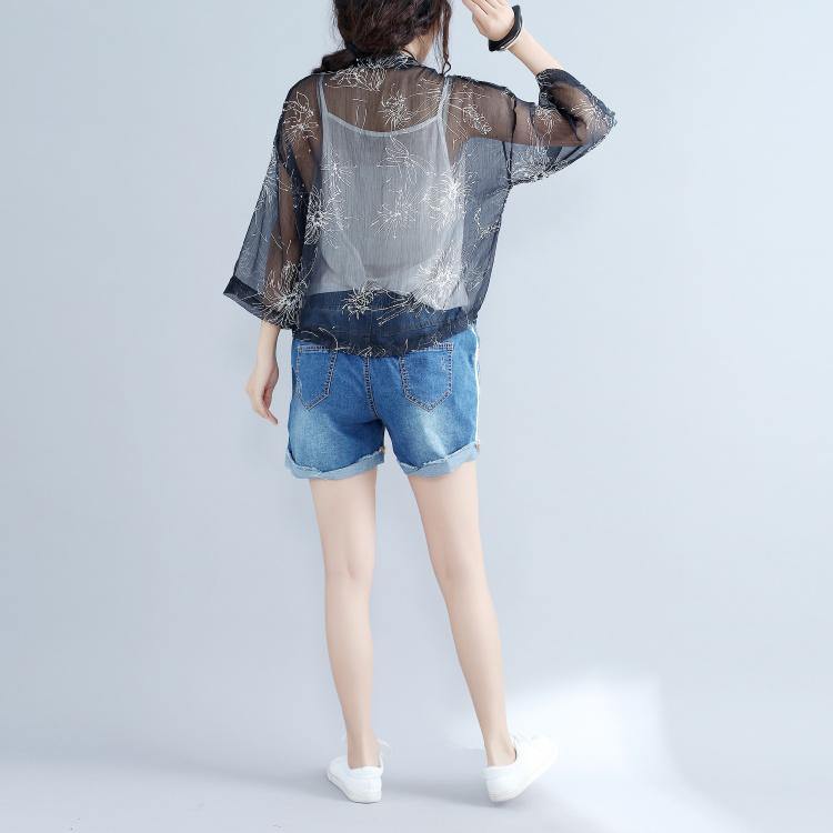 2019 casual gray prints silk cardigans oversize long sleeve tie bust tops - SooLinen