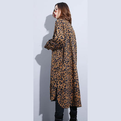 2019 chocolate Leopard coat plus size clothing dress side open casual Turn-down Collar Button coat - SooLinen