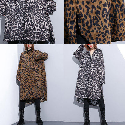 2019 chocolate Leopard coat plus size clothing dress side open casual Turn-down Collar Button coat - SooLinen