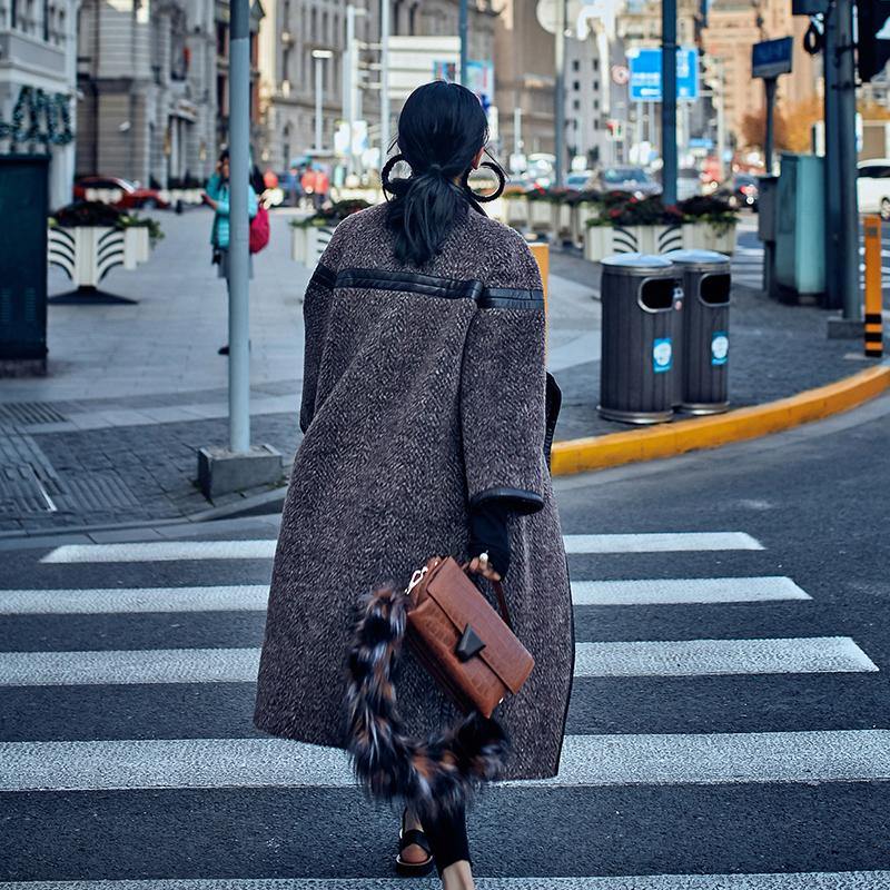 2019 chocolate Wool Coat plus size long coat Fashion Batwing Sleeve maxi coat - SooLinen