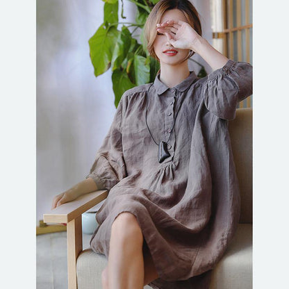 2019 chocolate linen shift dress plus size clothing linen clothing dresses 2018 Three Quarter sleeve baggy dresses Peter pan Collar dresses - SooLinen