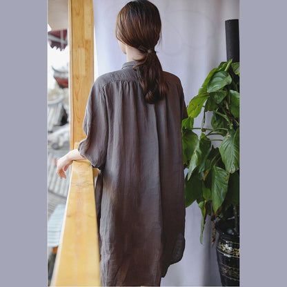 2019 chocolate linen shift dress plus size clothing linen clothing dresses 2018 Three Quarter sleeve baggy dresses Peter pan Collar dresses - SooLinen