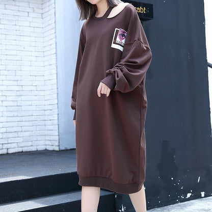 2019 chocolate print cotton blended knee dress plus size casual baggy dresses Fine Asymmetrical collar knee dresses - SooLinen