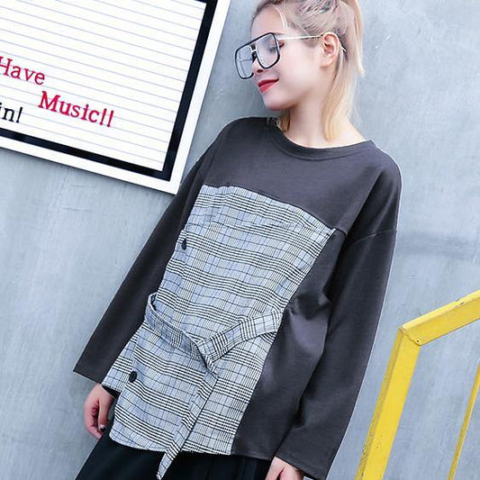 2018 gray Plaid tops trendy plus size O neck casual New patchwork asymmetric cotton tops - SooLinen