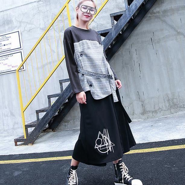 2018 gray Plaid tops trendy plus size O neck casual New patchwork asymmetric cotton tops - SooLinen