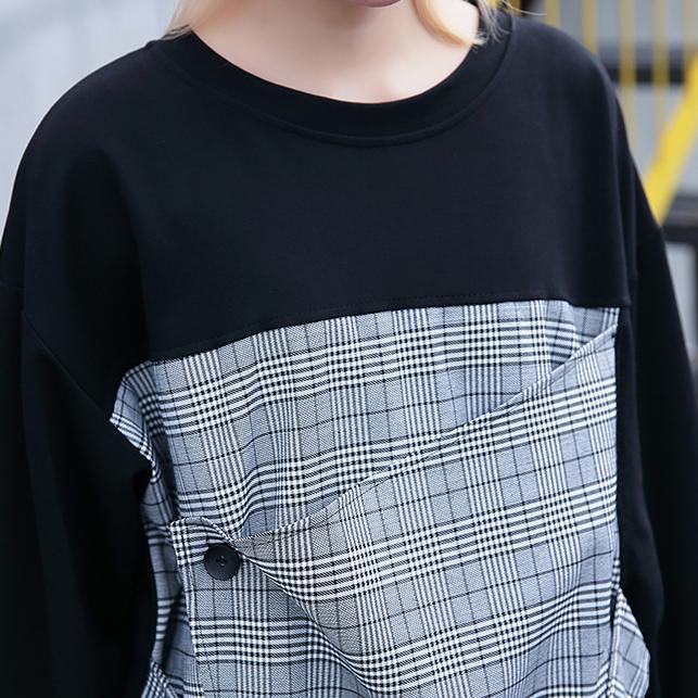 2018 gray Plaid tops trendy plus size O neck casual New patchwork asymmetric cotton tops - SooLinen