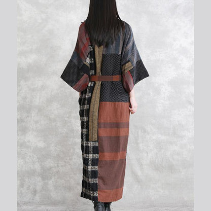 2019 gray autumn linen dress oversize patchwork traveling clothing women long sleeve tie waist autumn dress - SooLinen