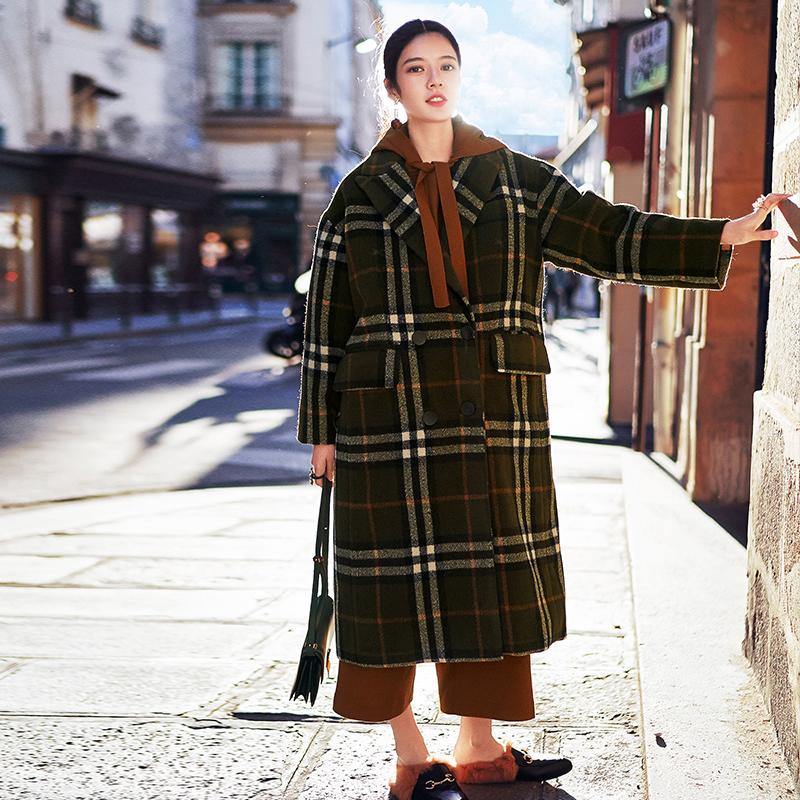 2018 green Plaid long coat plus size Notched maxi coat Fashion double breasted Winter coat - SooLinen