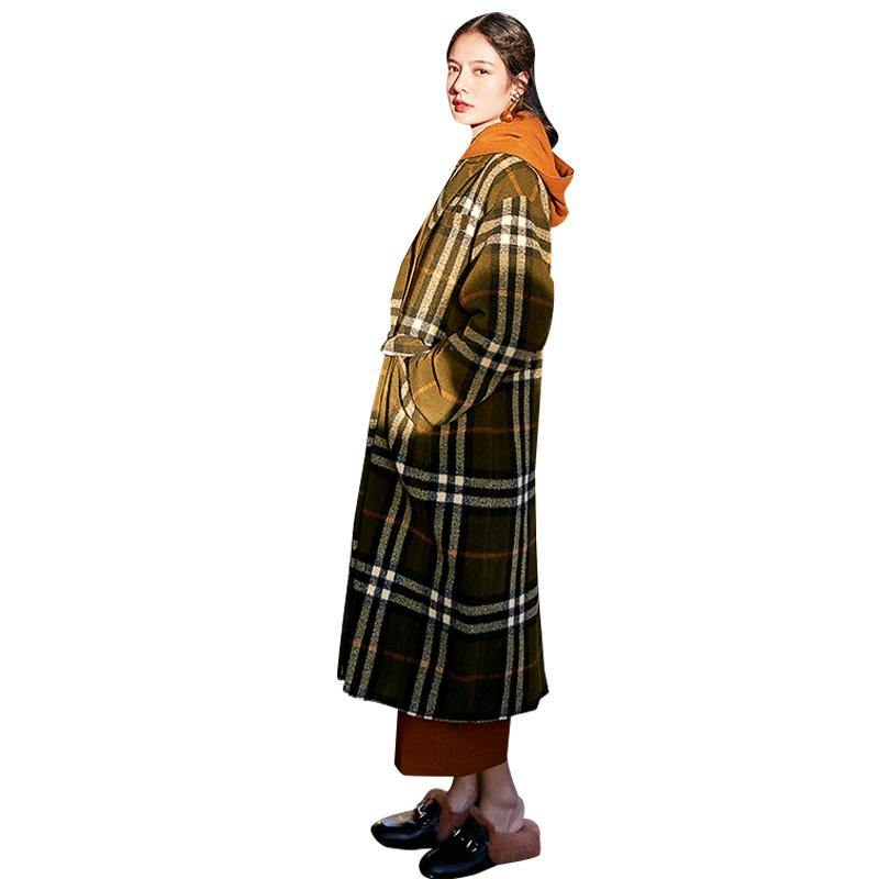 2018 green Plaid long coat plus size Notched maxi coat Fashion double breasted Winter coat - SooLinen