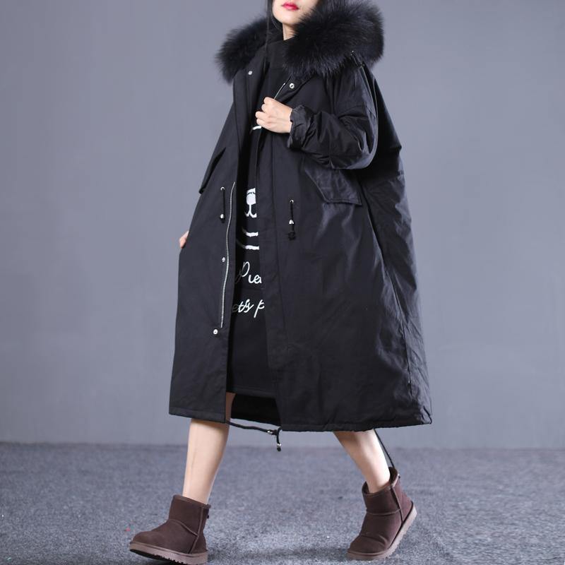 2018 new black Winter Fashion oversize hooded fur collar down jacket fine drawstring pockets down overcoat - SooLinen