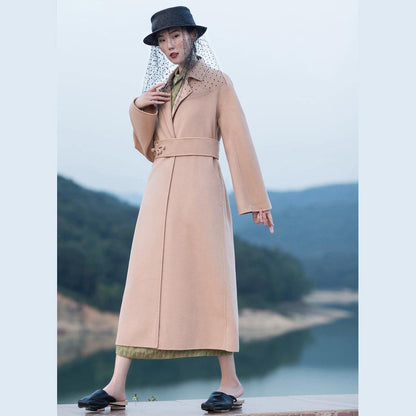 2018 nude pink wool coat plus size tie waist Winter coat lapel collar jacket - SooLinen