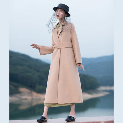 2018 nude pink wool coat plus size tie waist Winter coat lapel collar jacket - SooLinen