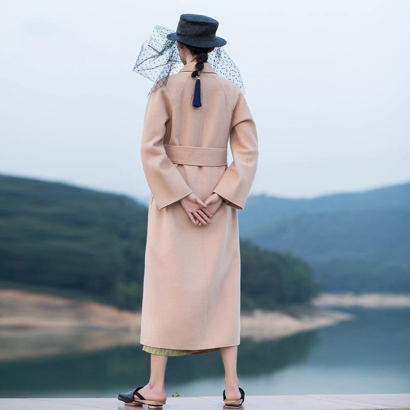 2018 nude pink wool coat plus size tie waist Winter coat lapel collar jacket - SooLinen