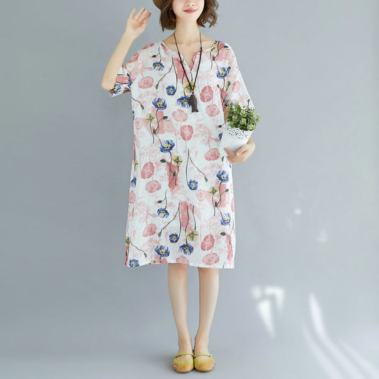 2024 rosa Midi-Baumwollkleider trendiges Baumwollkleid in Übergröße Elegantes kurzärmliges Baumwollkleid mit V-Ausschnitt und Blumenmuster