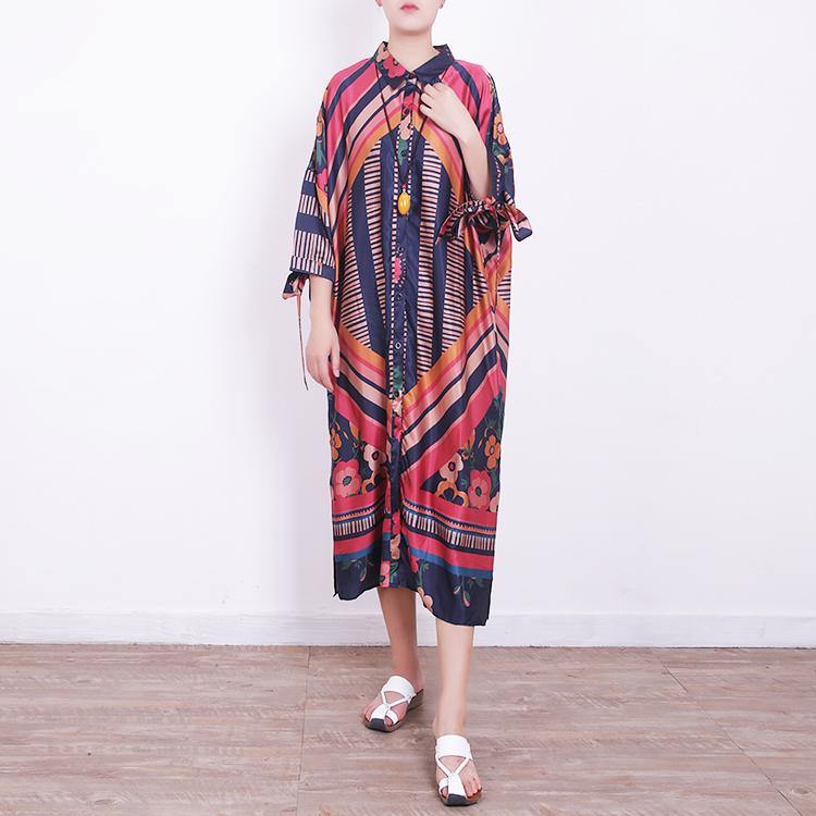 2018 red blue prints chiffon dress oversize chiffon clothing dress women side open tie bracelet sleeved chiffon dresses - SooLinen
