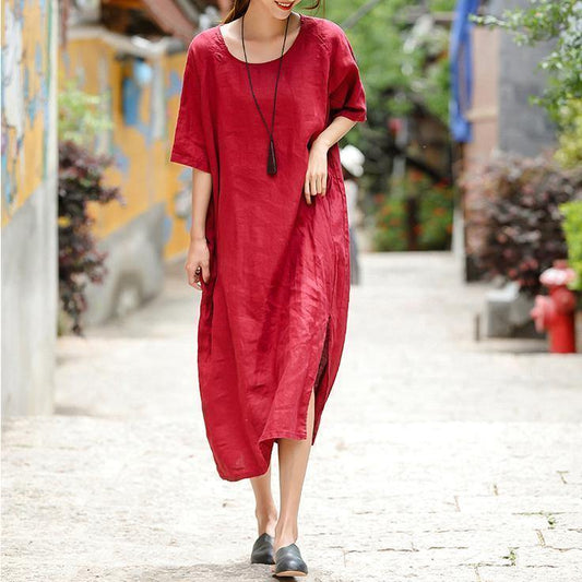 2018 red embroider fabric long linen dress plus size o neck side open traveling dress vintage half sleeve baggy dresses - SooLinen