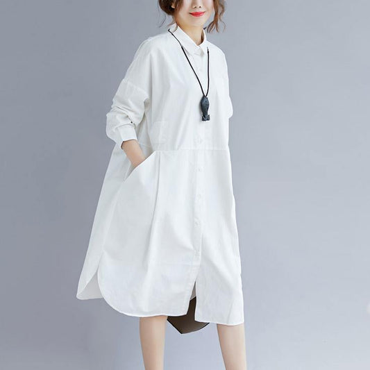2018 white cotton shirt dress plus size traveling clothing casual long sleeve pockets side open Turn-down Collar cotton shirt dress - SooLinen