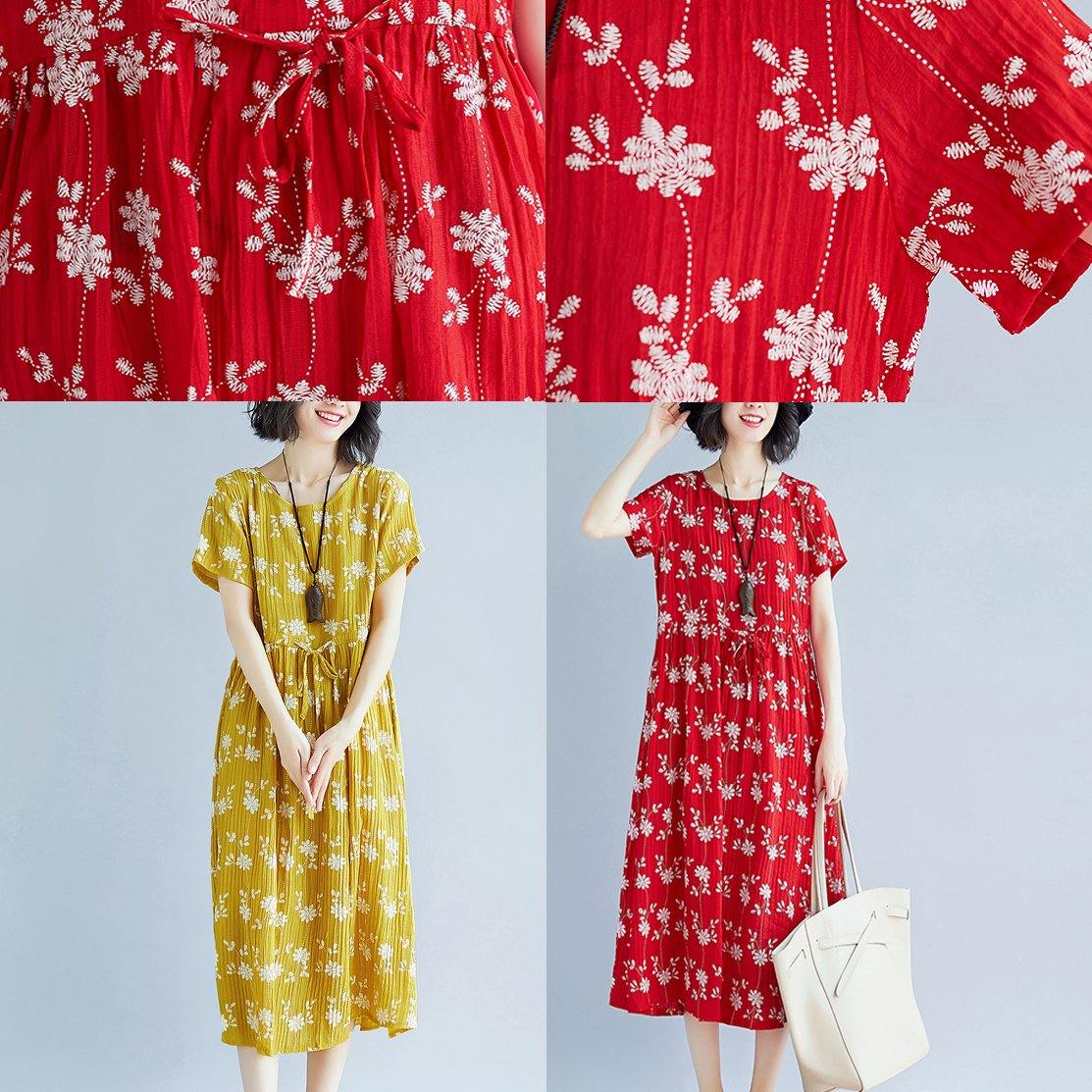 2018 yellow cotton blended shift dresses oversize clothing dress New short sleeve print drawstring clothing dress - SooLinen