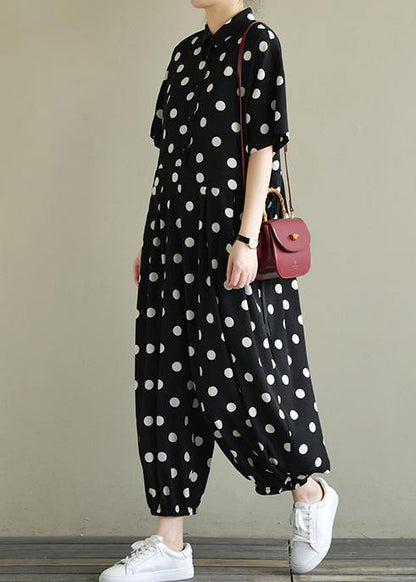2019 Fine black dotted lapel half sleeve jumpsuit pants - SooLinen