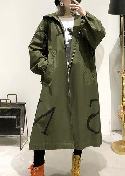 2019 army green coat plus size long fall coat hooded pockets zippered outwear - SooLinen