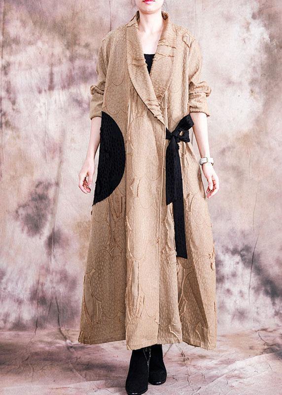 2019 khaki Coat Women plus size clothing fall turn-down collar tie waist Coats - SooLinen