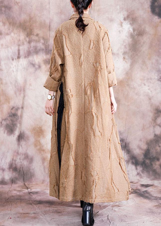 2019 khaki Coat Women plus size clothing fall turn-down collar tie waist Coats - SooLinen