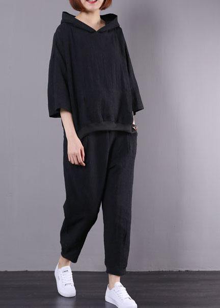 2019 new black cotton linen two pieces hooded pullover and elastic waist pants - SooLinen