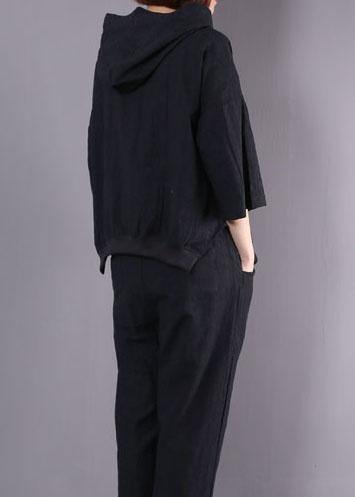 2019 new black cotton linen two pieces hooded pullover and elastic waist pants - SooLinen
