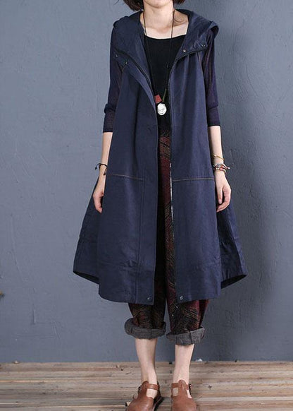 2019 oversize long coat fall blue hooded sleeveless jackets - SooLinen