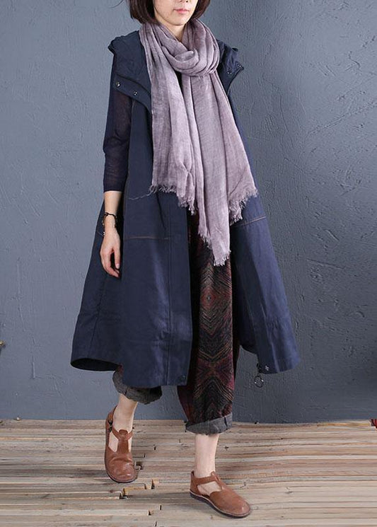 2019 oversize long coat fall blue hooded sleeveless jackets - SooLinen