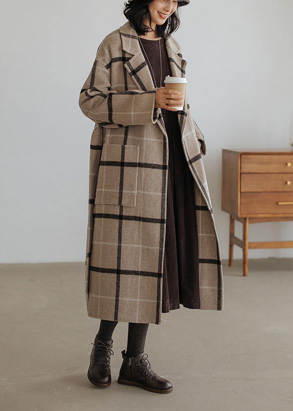 2019 plaid wool coat plus size Notched pockets long woolen outwear - SooLinen