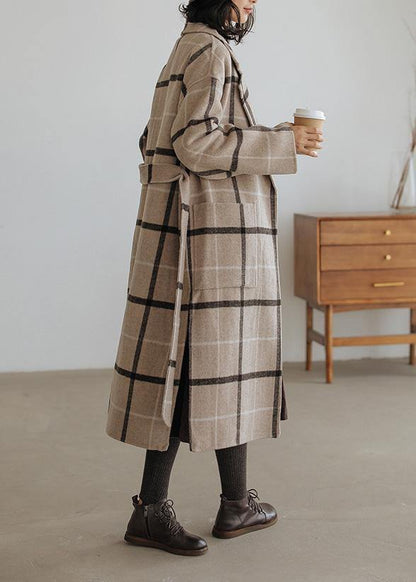 2019 plaid wool coat plus size Notched pockets long woolen outwear - SooLinen