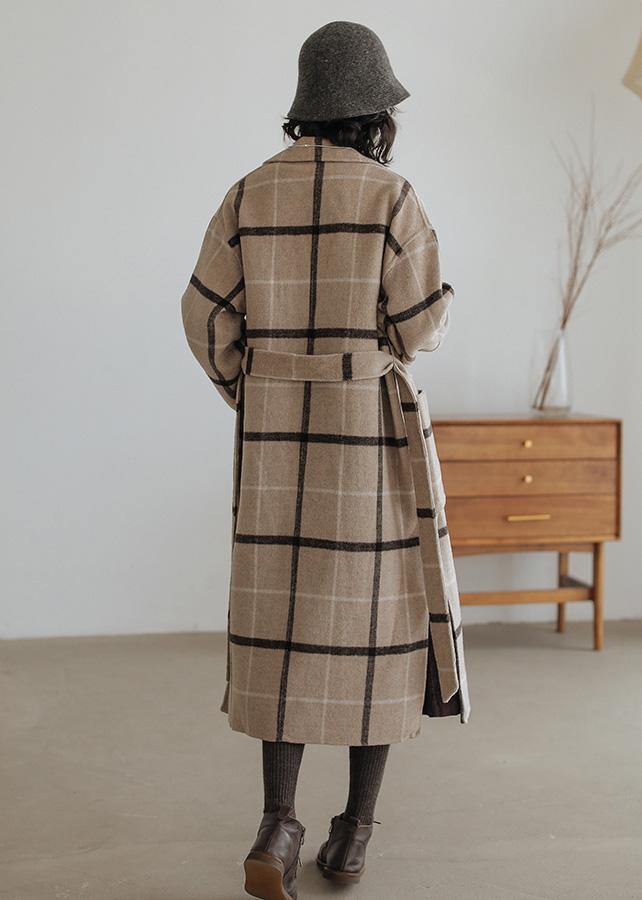 2019 plaid wool coat plus size Notched pockets long woolen outwear - SooLinen