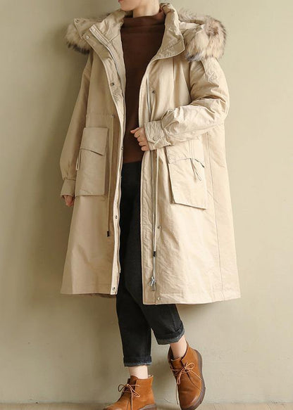 2019 plus size Jackets & Coats big pockets winter coats beige yellow fur collar coats - SooLinen
